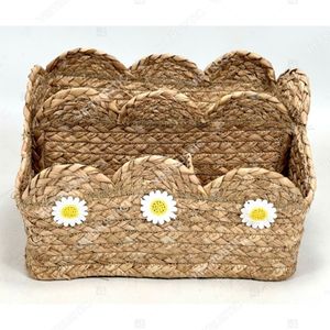 Scalloped Natural Seagrass <b>Storage</b> <b>Baskets</b> With Daisy Embellishments <b>Rectangular</b> Multi-Purpose Organizer Rustic Style - Product Image 4