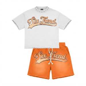 Six Trend Men's White T-Shirt Orange Shorts <b>Set</b> Crew Neck Summer Outfit Printed Letter Logo <b>Knitted</b> Cotton Heavyweight - Product Image 1