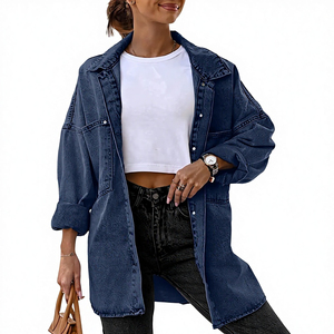 Chaqueta Larga de Mezclilla Azul para Mujer, Cuello Camisero, Hombros Caídos, Estilo Casual - Product Image 1