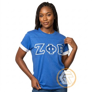 T-shirt en tricot à col rond et manches courtes pour femmes Zeta Phi Beta, bleu, broderie, coupe classique, 100% coton, respirant, décontracté, été - Product Image 1