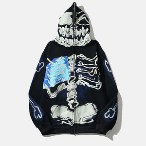 Sweat à capuche zippé surdimensionné gothique personnalisé brodé avec imprimé squelette intégral et motif crâne flamboyant en molleton 100% coton - Product Image 1