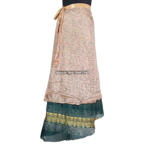 Beautiful Women Modest <b>Wrap</b> <b>Skirt</b> Women Wear Vintage Silk Sari Long Length <b>Wrap</b> Around <b>Skirt</b> 2 Layer Reversible Magic 38" Sarong - Product Image 1