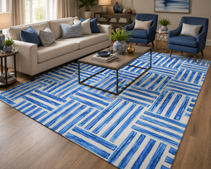 Tapis géométrique bleu tufté à la main – Tapis en laine à motif abstrait moderne avec design rayé contemporain - Product Image 1