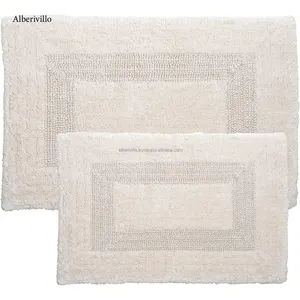 Luxury Ivory Cotton Rug for Door Non-Slip Super Absorbent Bath Mat Rectangle Shape Handmade Bathroom Mat