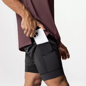 Shorts de sport noirs pour hommes, séchage rapide, taille mi-haute élastique, en polyester tricoté, couleur unie, vêtements de sport - Product Image 4