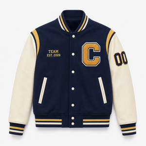 Chaqueta Varsity Unisex Azul Marino de Forro Polar con Letra C Bordada en las Mangas y Logotipo del Equipo, Estilo Ropa de Trabajo Resistente, Ropa de Invierno - Product Image 1