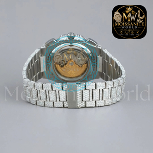 Montre chronographe de luxe en moissanite, boîtier rond de 42 mm, bracelet en acier inoxydable, mouvement à quartz analogique, fermoir déployant, unisexe - Product Image 3