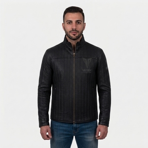 Veste de motard Vanek International 2026 NOUVEAUTÉ pour homme en cuir véritable noir, col montant, fermeture éclair, coupe ajustée, motif géométrique - Product Image 1