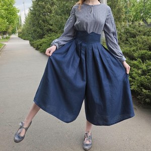 Shorts plissés taille mi-haute pour femme, en lin et coton, coupe droite, longueur complète, style Prairie Chic, couleur unie, été - Product Image 5