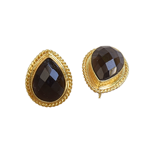 Gold Plated Pear Cut Onyx Stud <b>Earrings</b> Women's Classic Bezel Setting Fashion Jewelry - Product Image 1