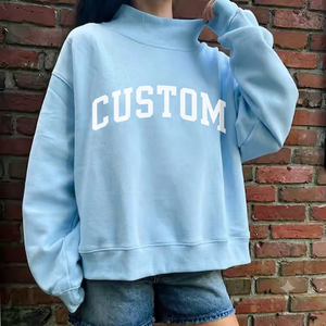 Sudadera Oversize de Cuello Alto para Mujer, Color Azul Claro, con Estampado de Letras Personalizadas en Blanco, Manga Larga, Tejido de Algodón, para Otoño - Product Image 1