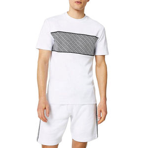 Men White Cotton T-Shirt With Geometric Print Crew Neck Casual Summer Short Sleeve Top Set - Product Image 1