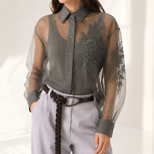 Blusa transparente gris para mujer, camisa con cuello y botones en la parte delantera, manga larga, bordada con motivos florales - Product Image 2