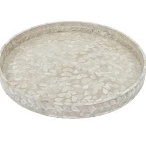 Plateau rond en nacre fait main, incrustation MOP, plateau de service décoratif, mosaïque florale, plateau de table basse ou ottoman, vente en gros - Product Image 5