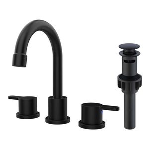 Grifo de lavabo negro mate de 8 pulgadas con 2 manijas, 3 orificios y caño giratorio de 360 grados para baño - Product Image 1