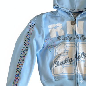 Sudadera con capucha extragrande personalizada con cremallera y pedrería multicolor, de 450 g/m², 100% algodón polar, precio económico. - Product Image 4