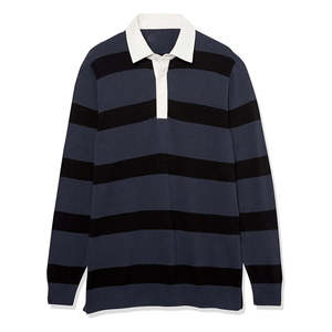 Custom <b>Men's</b> Cut &Sew Striped Design Knitted <b>Long</b> <b>Sleeve</b> <b>Polo</b> <b>Shirt</b> For <b>Men</b> Casual Navy Blue and Black Pattern Regular Fit <b>Shirt</b> - Product Image 1