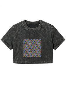 Women's Crop <b>Top</b> T-Shirt Crew Neck Short Sleeve <b>Patchwork</b> Print Casual Summer Style 100% Cotton Jersey Breathable Fit - Product Image 1