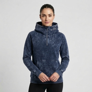 <b>Women's</b> Navy <b>Blue</b> Acid Wash Hoodie Half Zip Pullover <b>Fleece</b> Sweatshirt Casual Streetwear - Product Image 1