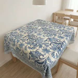 Cotton Table Cover Blue White Floral Botanical Printed Dining Tablecloth Elegant Decorative Home Decor - Product Image 4