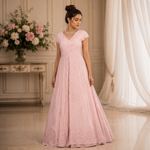 Robe Anarkali élégante rose à fleurs brodées pour femmes, tenue de soirée de créateur, robe de réception de mariage, tenue ethnique maxi - Product Image 2