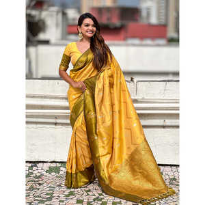 Chal Sari Indio Tradicional de Seda Suave Amarilla con Diseño Zig Zag y Bordado Zari de 650g - Product Image 2