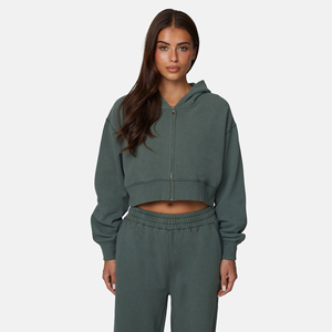 Women's <b>Cropped</b> Hooded <b>Zip</b>-<b>Up</b> Sweatshirt Solid Color Fleece Long Sleeve Autumn Casual Wear - Product Image 1