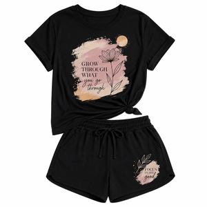Women's High Quality Black Cotton Printed O-Neck T-Shirt Shorts <b>Set</b> Casual Breathable Knitted Short Sleeve Summer Inspirational - Product Image 2