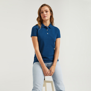 Polo pour femme en tissu piqué 100% coton, manches courtes, couleur unie, longueur normale, bleu marine - Product Image 1