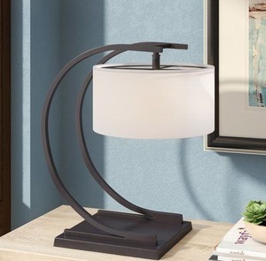 Lunar Arc Metal Table Lamp with Curved Frame White <b>Drum</b> <b>Shade</b> Matte Finish Stable Base Elegant Ambient <b>Lighting</b> - Product Image 2
