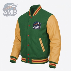 Veste universitaire verte pour homme en cuir véritable avec manches jaunes et boutons rouges, style décontracté universitaire, respirante, idéale pour l'automne - Product Image 3