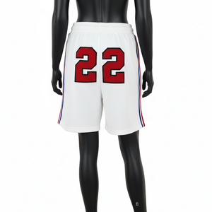 Short de basket-ball en molleton de coton et polyester de qualité supérieure, blanc, rouge, bleu, avec empiècements latéraux en chenille, broderie personnalisée, logo sur mesure, pour femmes. - Product Image 3