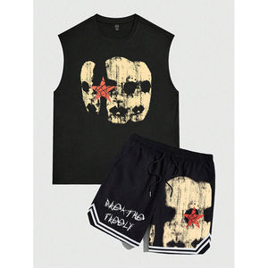 Ensemble décontracté homme personnalisé, style vintage délavé, avec haut à col rond et short, 100% coton, respirant, coupe oversize, printemps - Product Image 5