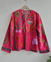 Blouson Bomber en Velours Suzani Réversible Brodé à la Main Style Bohème Vintage Court Été Automne/Hiver Coton Ethnique Floral
