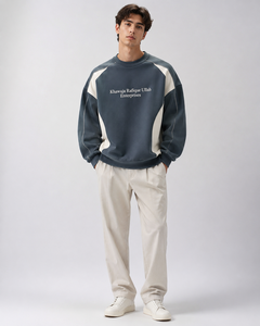 Sweat-shirt à col rond bleu marine pour homme avec manches raglan crème, logo brodé, coupe classique, pull en tricot décontracté, vêtement d'automne - Product Image 2