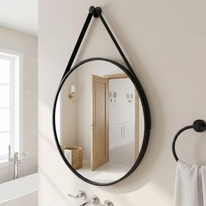 Specchio da parete rotondo da 20 pollici con cinturino in pelle nera, 1 pezzo - Product Image 1