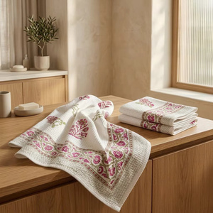 Indian Export Hand <b>Block</b> Printed <b>Waffle</b> Cotton 1 Bath & 2 Hand Towel Set Reversible Handmade Bedding for Home Hotel - Product Image 1