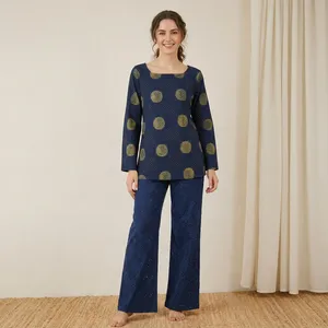 Kurti Corto de Algodón Estampado Azul para Mujer, Corte Regular, Estilo Casual Étnico con Puntos Dorados, para Todas las Temporadas - Product Image 1