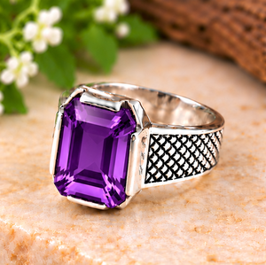 Amethyst Sterling <b>Silver</b> <b>Ring</b>, <b>Emerald</b> Cut Purple Gemstone Men's <b>Ring</b>, Vintage Engraved <b>Silver</b> Statement Jewelry - Product Image 2