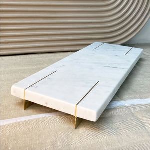 Wholesale Luxury White Marble Serving Tray Bulk Hotel Platter with Elegant Brass Inlay and Minimalist Gold Metal Footed <b>Stand</b> - Product Image 5
