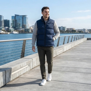 Chaqueta sin mangas acolchada azul marino para hombre, con cuello alto y cremallera, para invierno, ropa de calle, personalizada, marca privada, OEM - Product Image 5