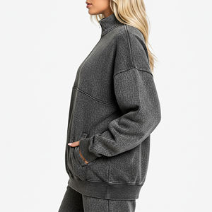 Sweat-shirt pour femme à col montant et fermeture éclair quart, en coton biologique épais délavé à l'acide, idéal pour l'hiver – Prix de gros - Product Image 3