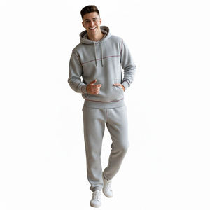Gray Hooded Tracksuit Set Full Sleeve Solid Color Casual Wear with Side Pockets and Elastic Waist 100% Cotton Autumn Style - Product Image 3