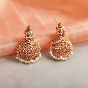 Studded Golden Pearl Laxmi Matte Jhumki Earrings-Vintage Rose Gold Freshwater Pearl Studs for Wedding & Party - Product Image 3