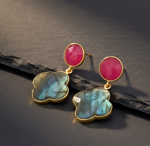 Elegantes Pendientes de Fucsia y Labradorita, Plata de Ley 925, Chapados en Oro de 18K, Pendientes Colgantes, Regalo para Ella - Product Image 4