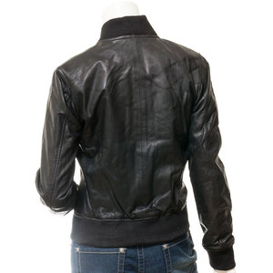 Women's Genuine <b>Leather</b> Bomber <b>Jacket</b> Full Sleeve Stand Collar Zipper Closure Winter Solid Color Regular Fit - Product Image 3