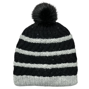 Bonnet tricoté rayé unisexe avec pompon, noir et gris, pour l'hiver, pour un usage décontracté en extérieur, taille adulte 56-58CM - Product Image 1