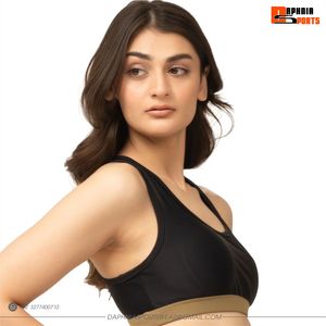 DAPHNIA Soutien-gorge de sport noir pour femme avec bordure contrastante, col ras du cou, dos nageur, maintien moyen, respirant, pour le yoga - Product Image 3