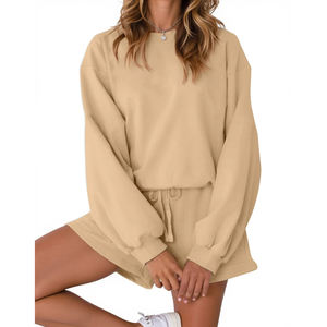 Conjuntos de 2 piezas para mujer, ropa deportiva informal, camiseta de manga larga con cuello redondo y conjunto corto, conjunto de mujer de color sólido, holgado y transpirable. - Product Image 5