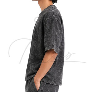 Men's Solid Acid Wash Crocheted Knitted O-Neck T-Shirts High Quality Casual Oversized Fit 100% Cotton Quick Dry Breathable - Product Image 3